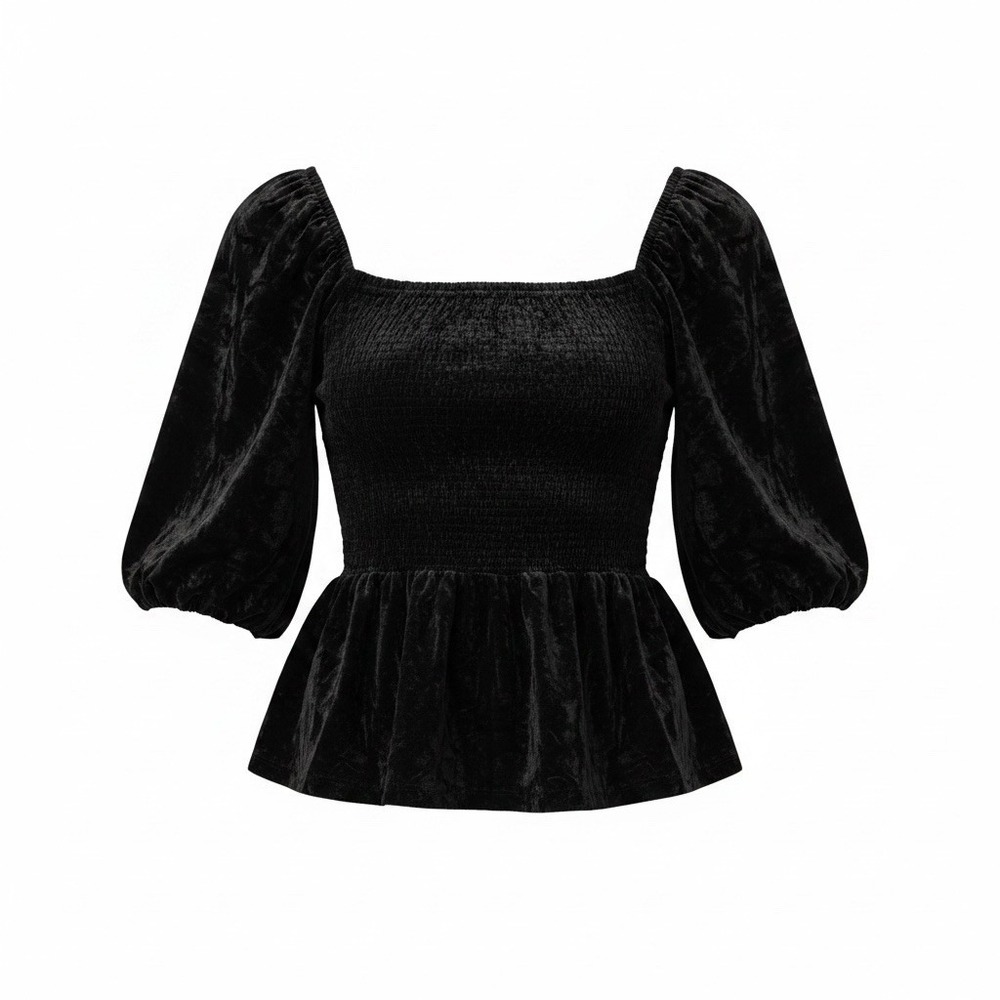 Belle Du Jour Velour Smocked Square Neck Peplum Blouse Women’s Size L Black